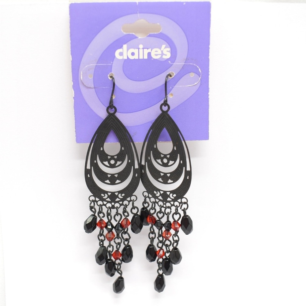 Y2K Deadstock Claire's Gothic Dangly Chandelier Earrings Black Red Whimsigoth